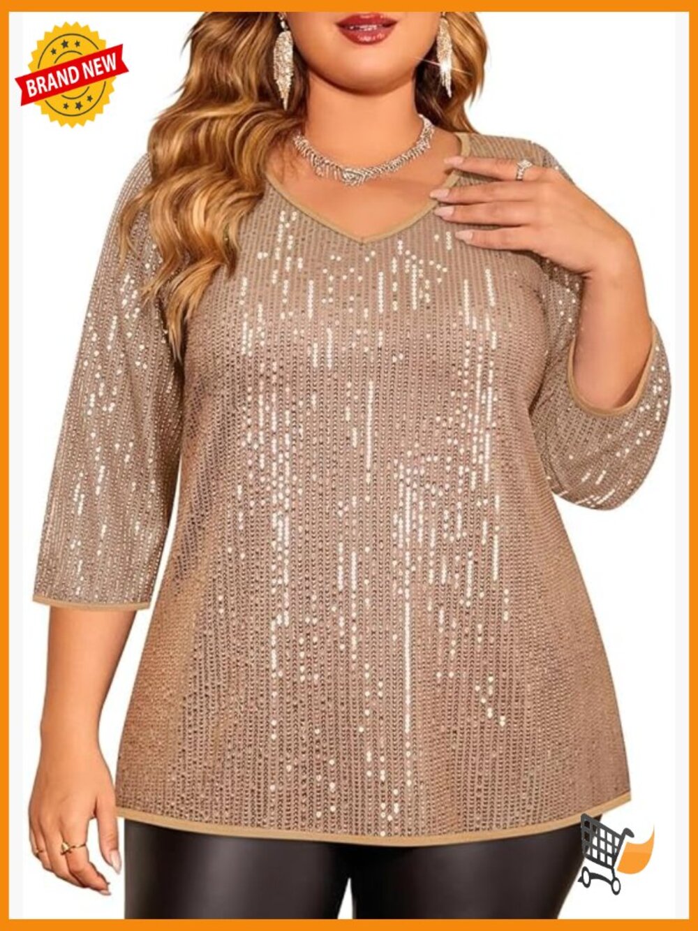 Plus Size Sequin Top 3/4 Sleeve V-Neck Party Tunic Loose Fit Shiny Top